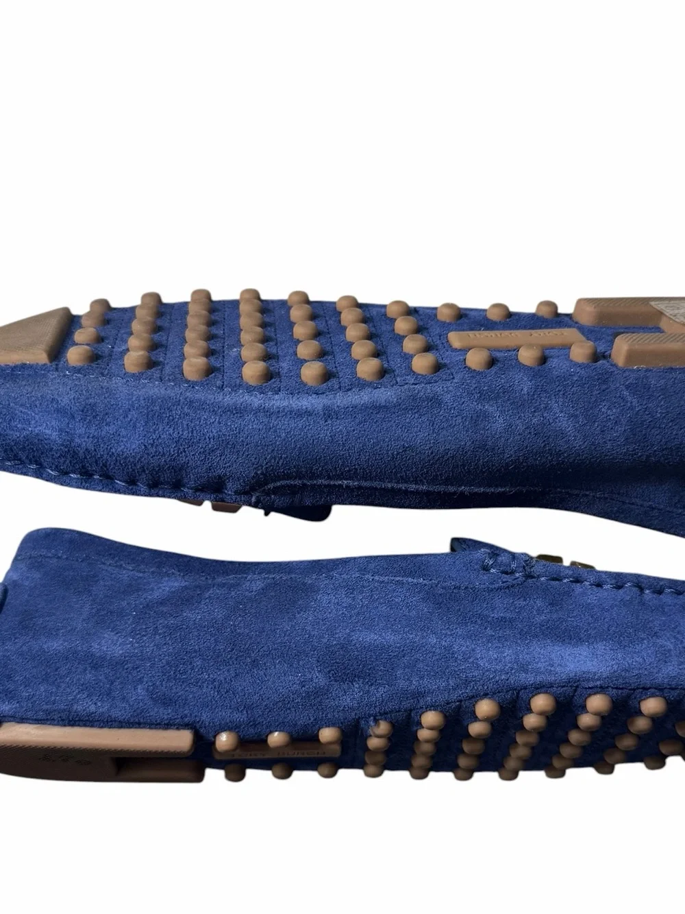 Tory Burch Everly driver loafers royal navy suede, emblem brass logo NEW size 7
